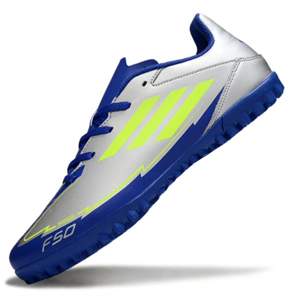 Chuteira Society Adidas F50 Club Gray and Dark Blue Turf TF Football Boot