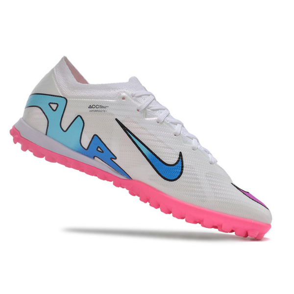 Chuteira Society Nike Zoom Mercurial Vapor 15 Elite White Pink and Blue Turf TF Football Boot