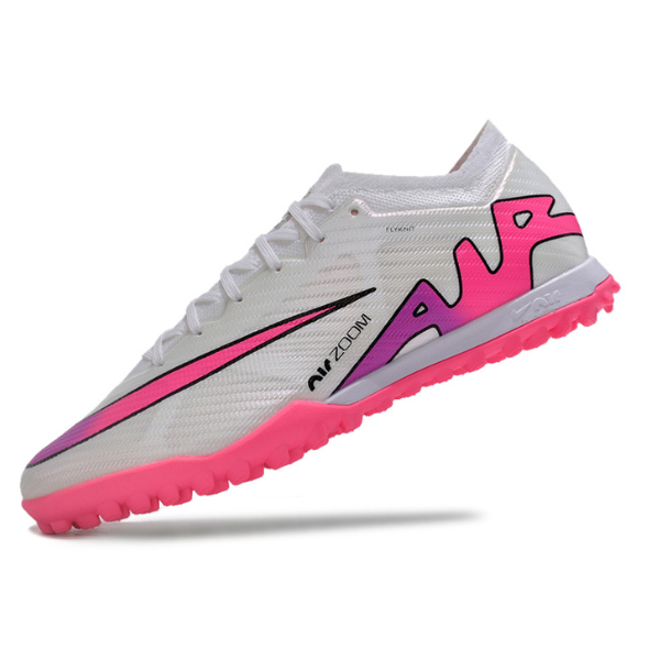 Chuteira Society Nike Zoom Mercurial Vapor 15 Elite White Pink and Blue Turf TF Football Boot