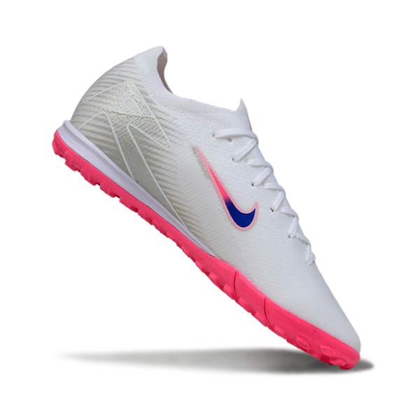 Chuteira Society Nike Zoom Mercurial Vapor 16 Elite White Pink and Blue Turf TF Football Boot